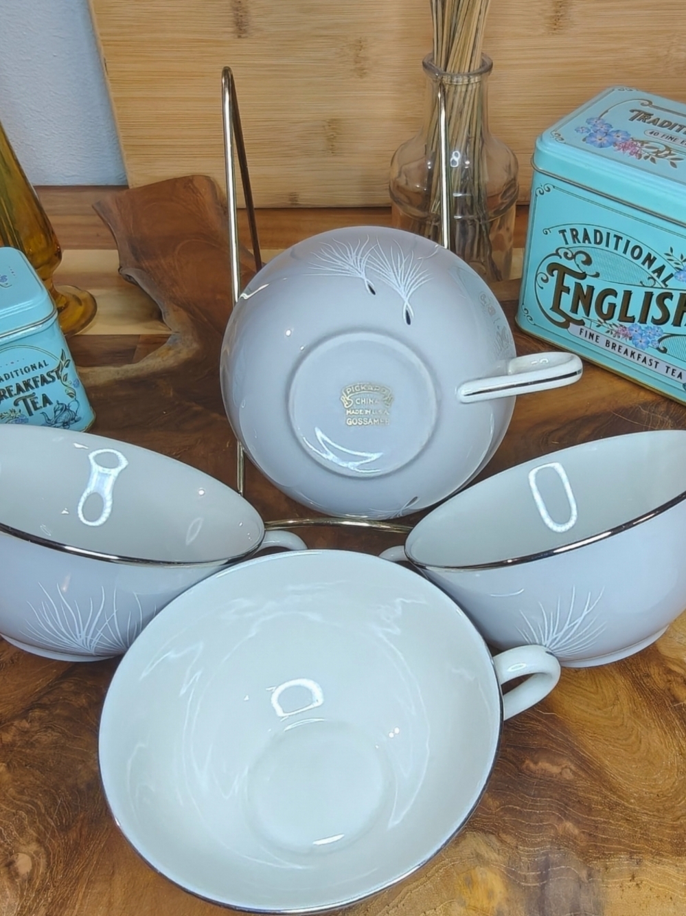 Vintage Pickard Gossamer Fern Gray & White with Silver Trim Tea Cups Made in USA